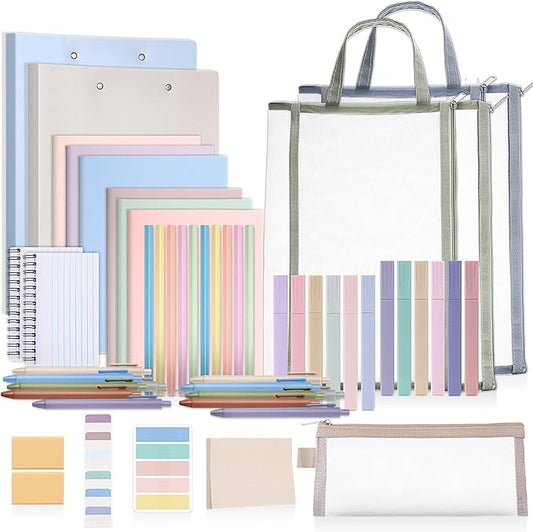 Colarr 54 Pieces Aesthetic School Supplies Including Pastel Highlighters Document Bags Pencils Notebooks Pencil Pouch Ink Pens Sticky Notes Erasers Back to School Gift Stationary Kit Supplies(Morandi)