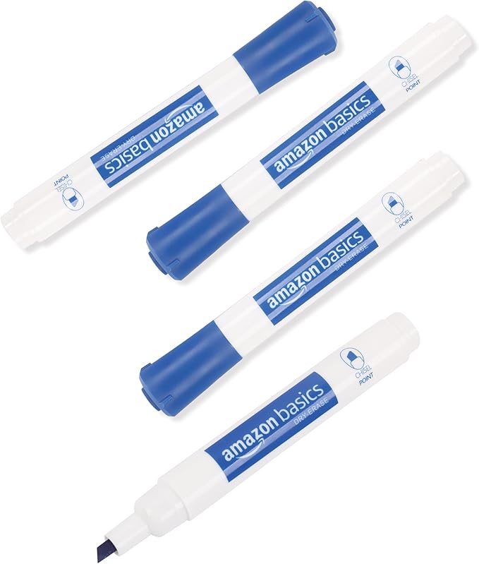 Amazon Basics Dry Erase Markers For Whiteboards, Chisel Tip, Low-Odor, Blue, Pack of 12