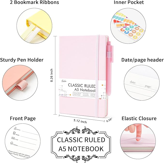 feela 3 Pack Hardcover Notebook For Women, Classic Ruled Lined Journal Set School Business Supplies, with 3 Black Pens, 120 GSM, 5.1”x8.3”, A5, Pastel Colors, Light Yellow, Light Pink, Pale Orange