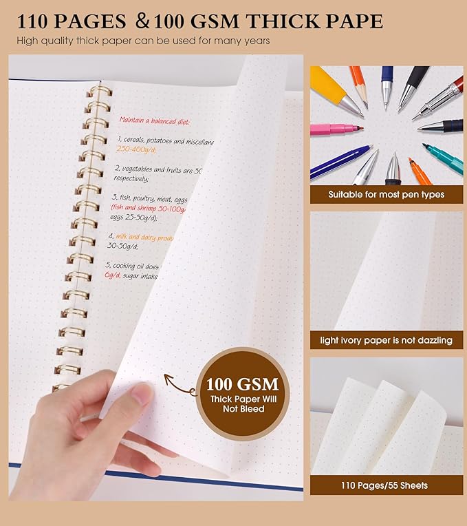 Dotted Notebook, Spiral Notebook Journal 8.5” x 11”, A4 Large Dot Grid Notebooks for Women Men, 100 GSM Dotted Paper, Plastic Hardcover Spiral Bullet Journals for Work School Sketching, Navy