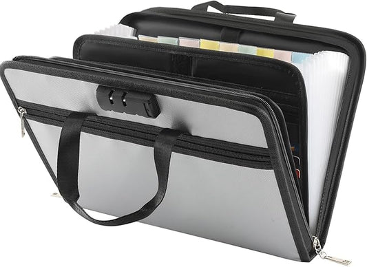 Accordion File Organizer with Lock, Fireproof, Letter/A4-Size Expanding File Folder with Tabs, 13 Pockets Important Document Organizer with Handle, Portable Paperwork Business Organizer, Silver