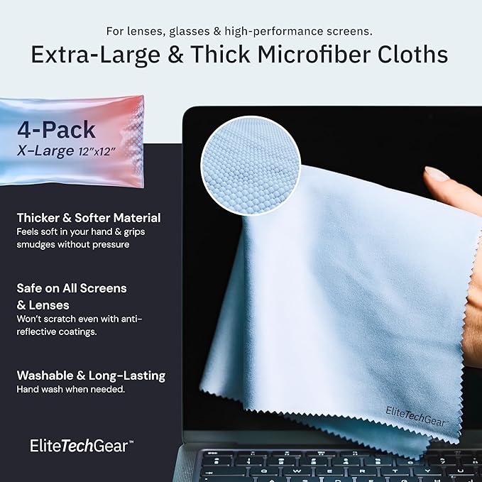 Elite Tech Gear 4-Pack Microfiber Cloth Set - 12"x12" Oversized Washable & Durable Wipes for Glasses, Lenses, Electronics & Screens - Glasses Cleaner Cloth