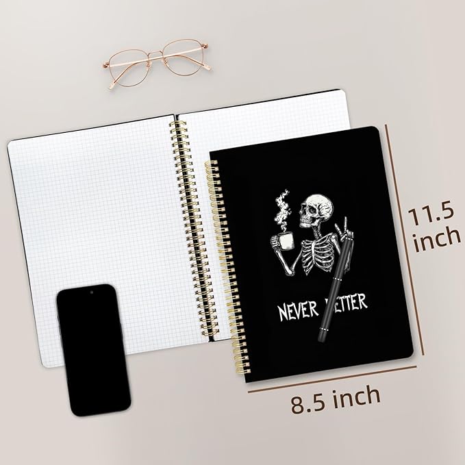 Cute Spiral Notebook journal A4 Aesthetic Pretty Design for Women Girls Kawaii with Pocket, 8.5 x 11 inch, Graph, Skeleton