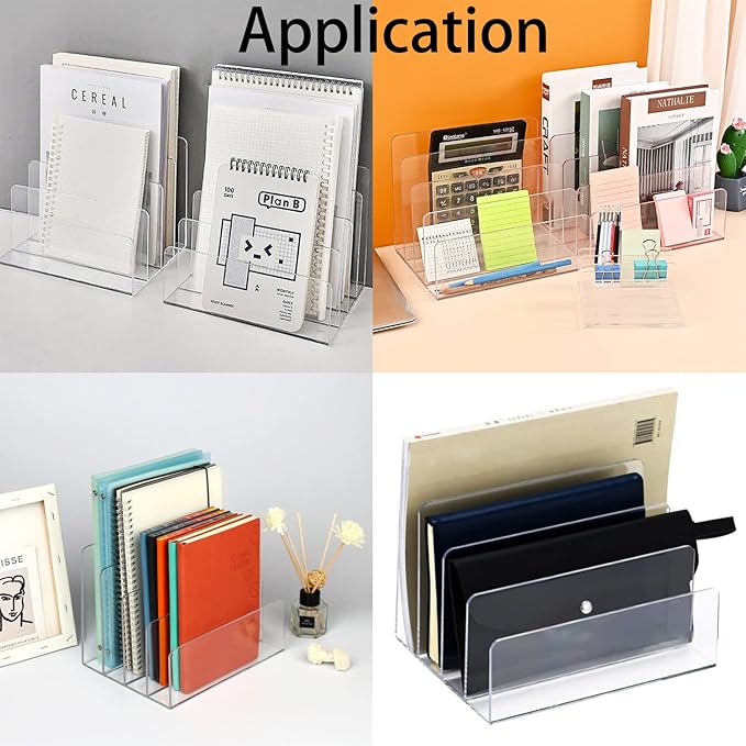 Acrylic Desk File Organizer 2 Pack, 4 Section Letter Organizer, Clear Folder Holder, Desktop File Holder for Document, Notebook and Newspaper, Clear Desk Storage Rack for Home and Office Use