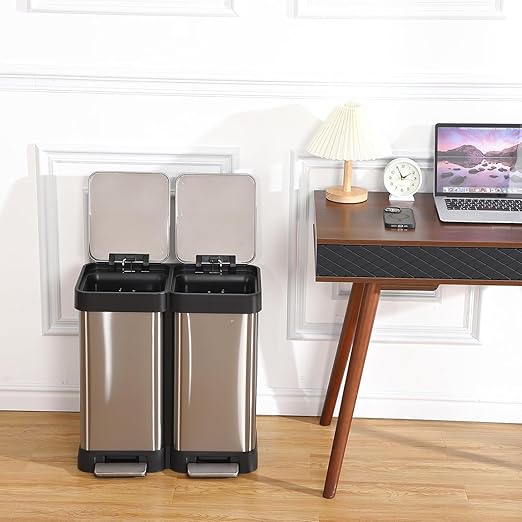 16 Gallon Dual Compartment Trash Can, 2 x 30L Fingerprint Resistant Stainless Steel Kitchen Garbage Can with 2 Soft-Close Lid & Foot Pedal for Kitchen Office Bathroom, Without Inner Bucket