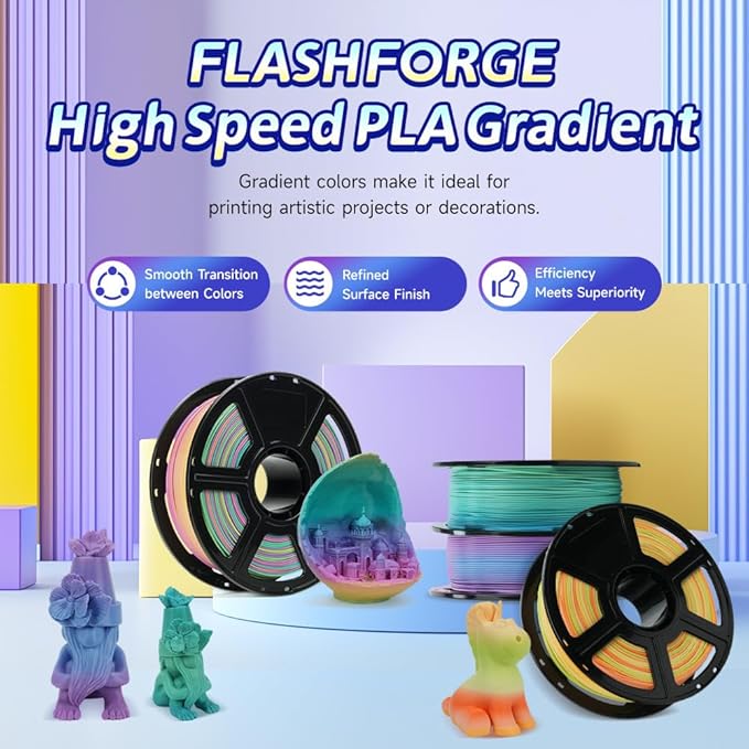 FLASHFORGE Rapid PLA Gradient Filament 1.75mm Rainbow Candy, Transform Colors Smoothly & Fast, High Flow Speedy 3D Printer Filament, Experience Exceptional Performance with 500mm/s Fast Printing