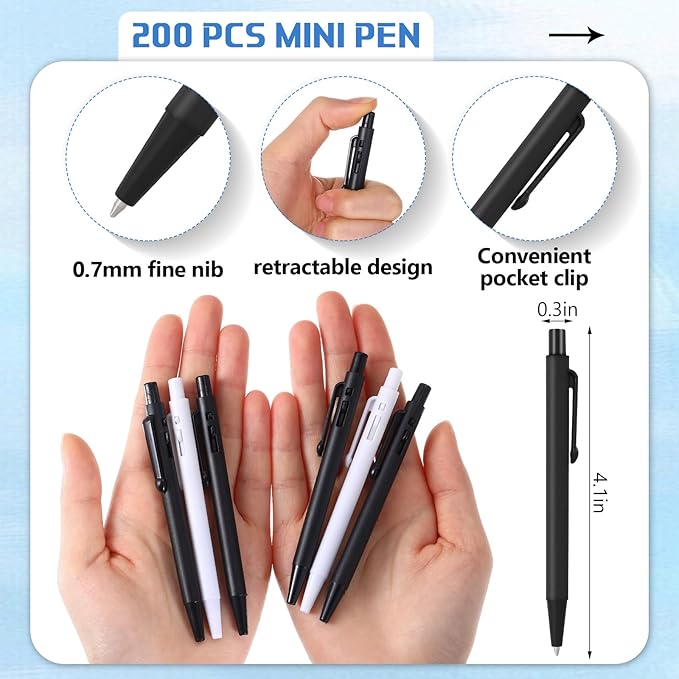 Geyoga 200 Pcs 4'' Mini Black Pens Bulk 0.7 mm Fine Point Small Retractable Ballpoint Pens with Clip for Notebook School Office(Black and White)