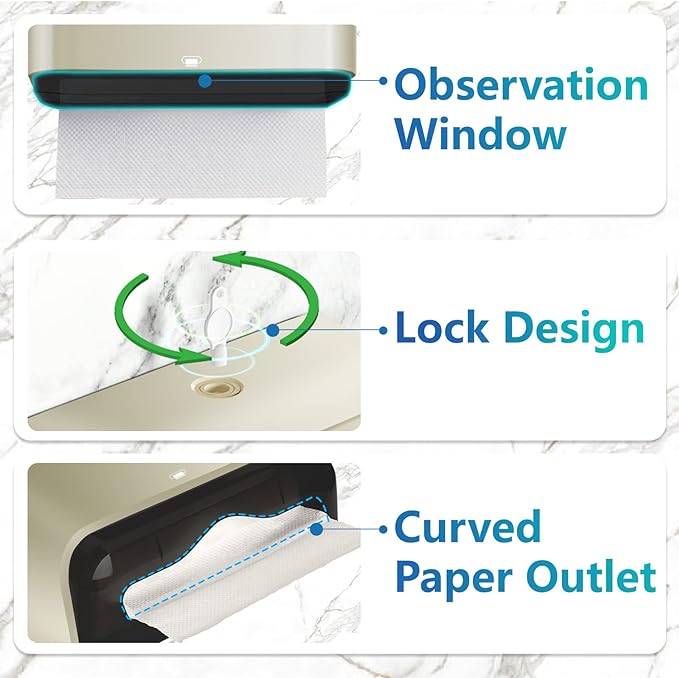 C-Fold Paper Towel Dispenser for Bathroom: Compact 200 Sheets Large Capacity for Multifold Hand Towel, No-Hole Installation Adhesive Paper Towel Holder Wall Mount - Gold