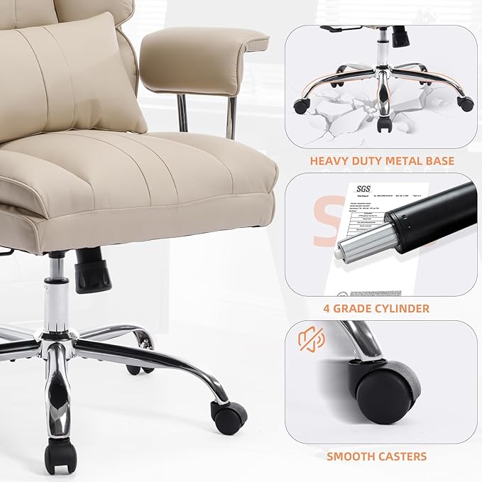 Big and Tall Office Chair 500lbs Wide Seat Executive Office Desk Chair High-Back Office Task Chair, Ergonomic Lumbar Support Computer Office Chairs for Heavy People(Beige)