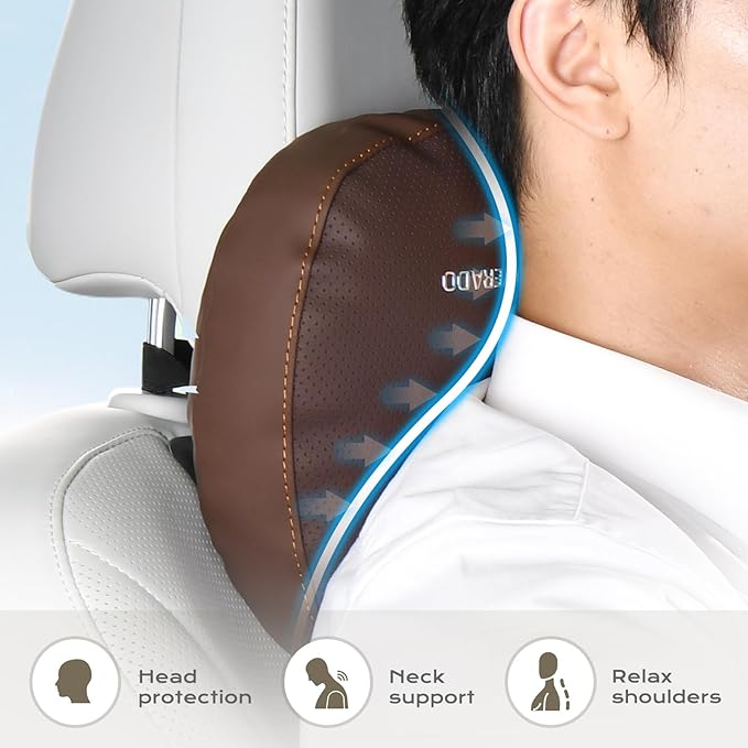 Coverado Leather Car Headrest Pillow Car Neck Pillow with Adjustable Strap, Head Support Rest Driver Relax Head Muscles Relieve Driving Fatigue, Breathable & Removable Cover, Coffee