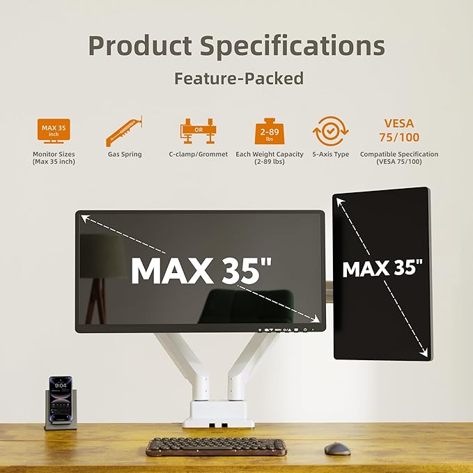 Claiks Dual Monitor Mount for Max 35 inch Screens Stand up to Max 89 lbs, Ergonomic Gas Spring Heavy-Duty Adjustable Monitor Arm, with Clamp and Grommet Base, VESA Mounting Holes 75&100mm, White