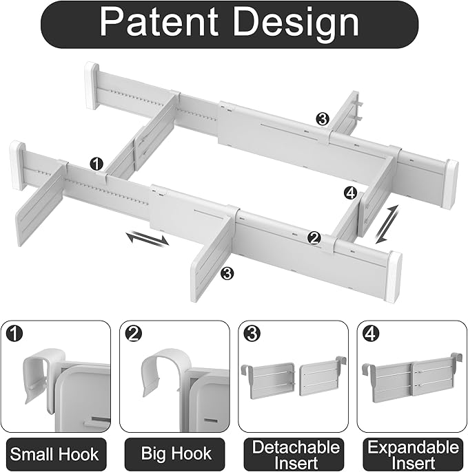 HiYZ Expandable Drawer Dividers with Inserts - Adjustable Drawer Organizers Separators for Kitchen, Bedroom, Dresser, Office, 3 Long Dividers(12.6-22.8 IN) with 6 Inserts(3.9-7.1 IN) - Gray