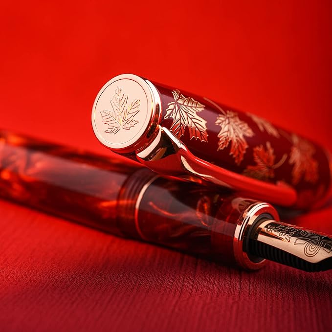 Hongdian N8 Fountan Pen, Iridium Fine Nib, Rose Gold Trim Maple Leaf Carving Cap Red Acrylic Resin, Smooth Writing Pen with Converter and Metal Pen Box Set