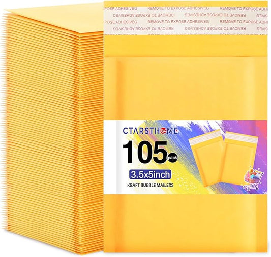 105Pack Yellow 3.5x5in Kraft Bubble Mailers Small Business Mailing Packages Self-Sealing Paper Envelopes, Mailer Shipping Padded Envelopes with Strong Adhesion for Jewelry Makeup Supplies