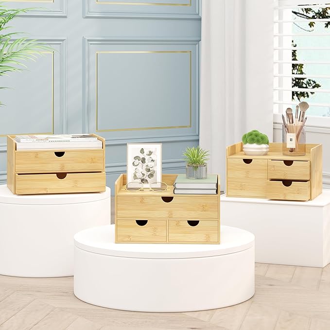 Desk Organizer with Drawers - Bamboo Desktop Organizer Storage | Wood Desk Drawers Organizer for Bills, Office Supplies, Cosmetics, Seals No Assembly Required
