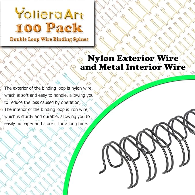 3:1 Pitch Double Loop Binding Wires, YolieraArt 100 Pack Spiral Spine Bindings, 9/16 Inch Wire Twin Binding for Book Binder Machine,Students and Coworkers (120 Sheet Capacity, 100P, Black)