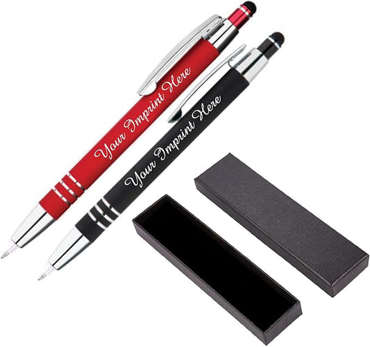 ExpressDesigns™ - Personalized Pens Gift Set - 2 Pack of | LED Flashlight Soft Touch Metal Pens w/gift box | Luxury Ballpoint Pen Custom Engraved with Name or Message | Light Up Pens (Black - Red)