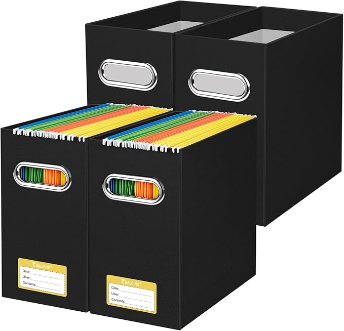 BALEINE File Organizer Box, Cardboard File Folder Organizer with Handle for Letter Size, Portable Collapsible Hanging Filing Box for Home Office Document Storage (4 Pack, Black)
