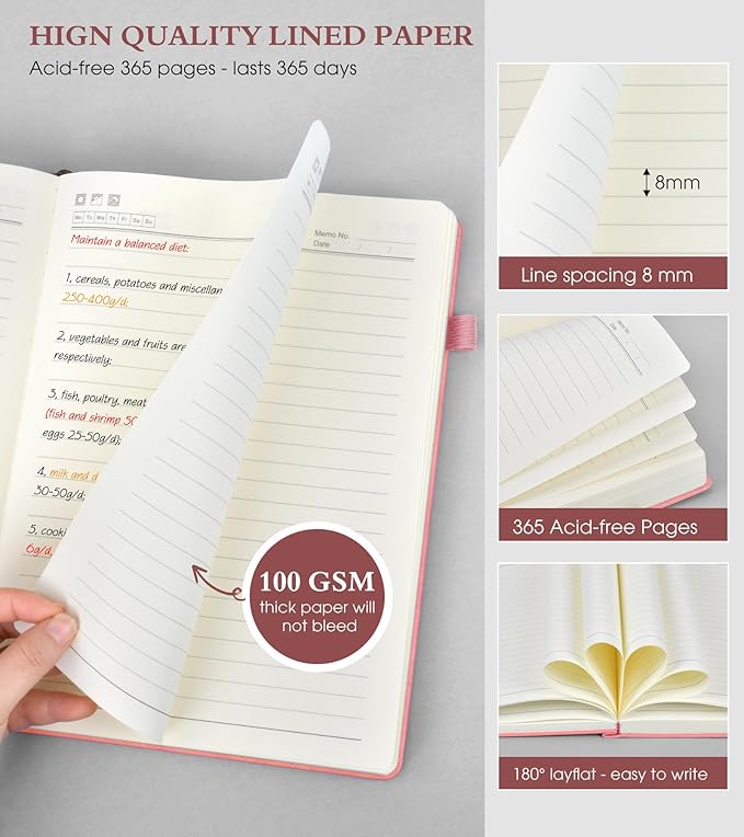 A4 Lined Journal Notebook，365 Page Large Leather Journals for Writing Women Men，Hardcover Notebook with 100Gsm Thick Pages for Travel，Work，School，College Ruled, Daily Diary (8.5" x 11.4")