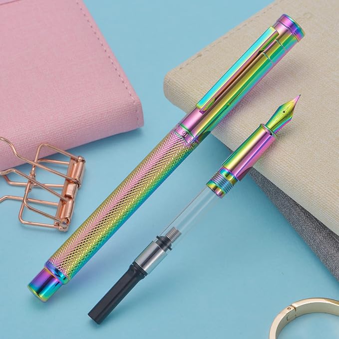 Asvine Hongdian Forest Fountain Pen Bent Nib Rainbow Color with Converter and Metal Pen Box Set
