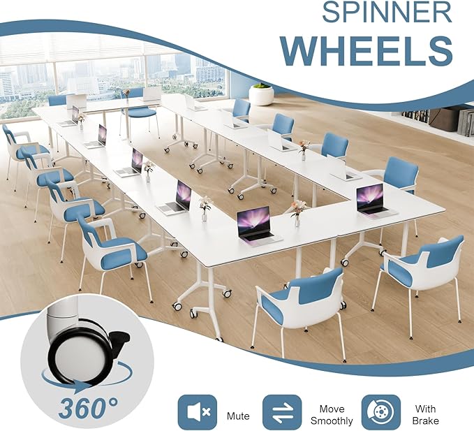 4Pack Folding Conference Room Table, Modern Conference Tables with Silent Wheels, Large Rectangular Mobile Training Tables for Office Classroom, Foldable Modular Seminar Table White (L63in)