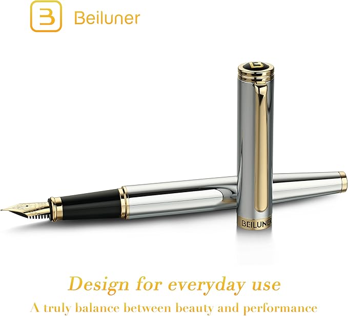 BEILUNER Silver Chrome Fountain Pen,Stunning Luxury Pens with 24K Gold Accents, Gorgeous 24K Gilded Nib(Fine), Ink Converter,Fancy Pen Gift for Men&Women-Elegant, Office, Reliable,Nice for Writing