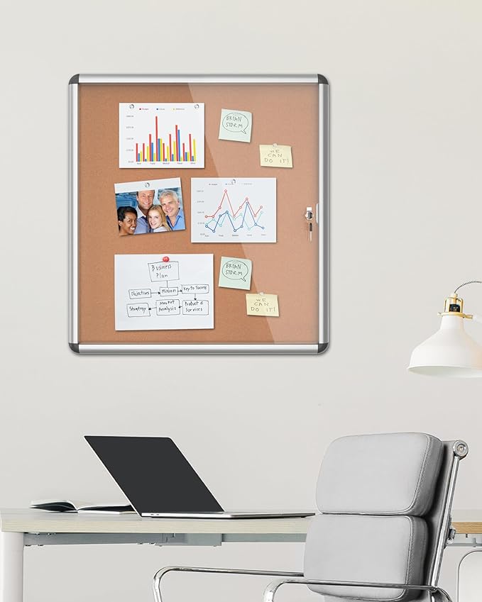 28"x26" Enclosed Bulletin Board, Lockable Weather-Resistant Aluminum Cork Noticeboard for School & Office, Silver Frame w/Cork