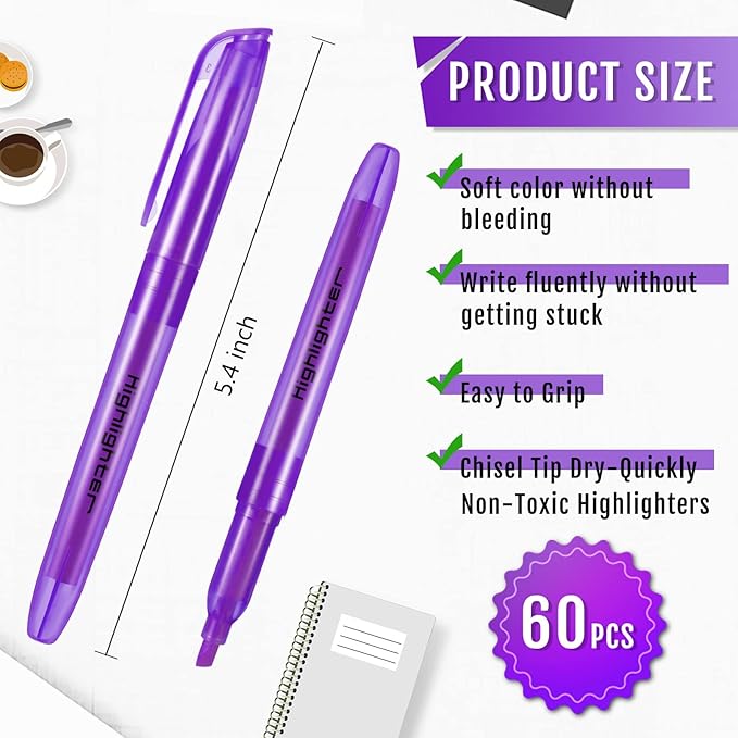 Fuutreo 60 Pack Pastel Highlighters Bulk Bright Color Highlighter Marker Chisel Tip Dry Quickly Safe Highlighter Pens Fluorescent Ink for Adults Home School Office(Purple)