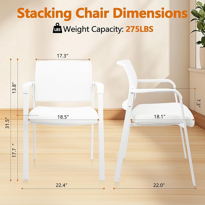 CLATINA Stacking Office Chairs | Mesh Back, Thicken Leather Seat and Arms, Ergonomic Lumbar Support | Guest Reception, Waiting, Conference, School, Party, Customer, Side, Stationary | Set of 2, White