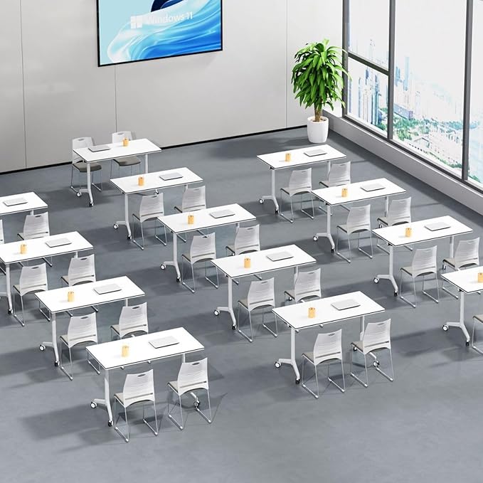 Folding Conference Room Table, Modern Mobile Training Table with Wheels, White Foldable Seminar Meeting Tables for Office Corporations (2pack 70.9in)