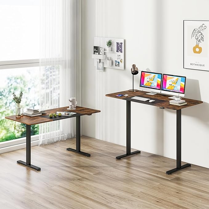 GOFLAME Height Adjustable Electric Standing Desk, 55 x 28 Inch Sit Stand Up Electric Desk with Metal Frame, Ergonomic Standing Workstation for Study, Office, Living Room, Brown
