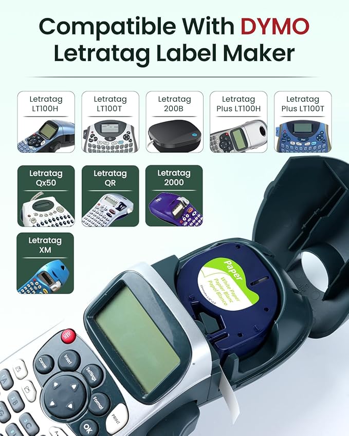 6-Pack 91330 Compatible with Dymo LetraTag Label Tape Refills, 12mm x 4m (1/2" x 13') White Paper Compatible with Letra Tag Label Makers LT-100H, LT-100T, Easy-Peel, Strong Adhesive, Clear Printing