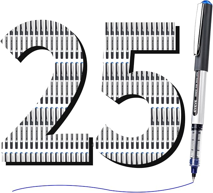 EYEYE 25 Pack 0.5mm Blue Rollerball Pens Extra Fine Point Quick Dry, Liquid Ink Pens Fine Point Smooth Writing Pen for Journaling, Note Taking, Office, School Supplies