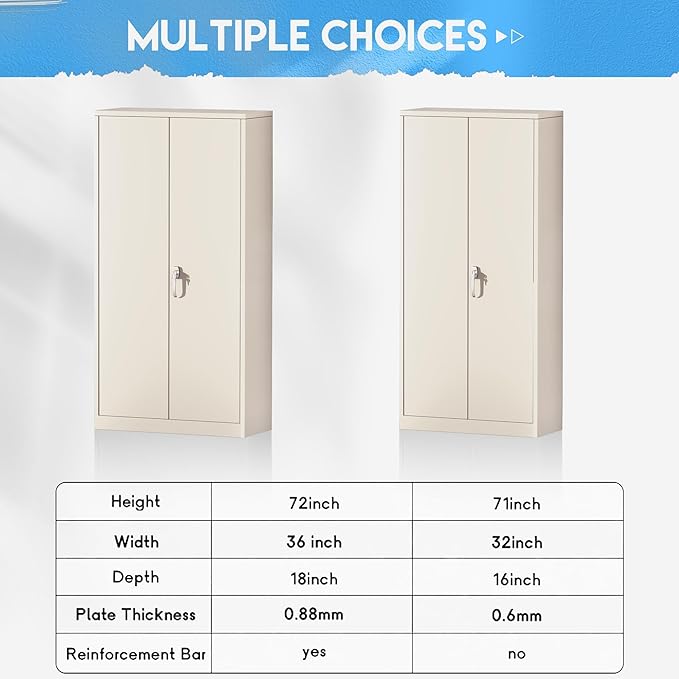 Greenvelly Garage Storage Cabinet,72" Metal Cabinet with 2 Doors and 4 Shelves,Steel File Cabinet for Home Office, Garage, Classroom（Grey 36" X 18"）