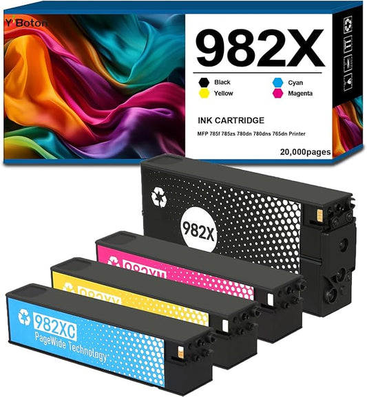 High Yield 982X Ink Cartridge with Chip T0B26A T0B27A T0B28A T0B29A Compatible for HP MFP 785f 785zs 780dn 780dns 765dn Printer Ink(4-Pack Black Cyan Magenta Yellow)