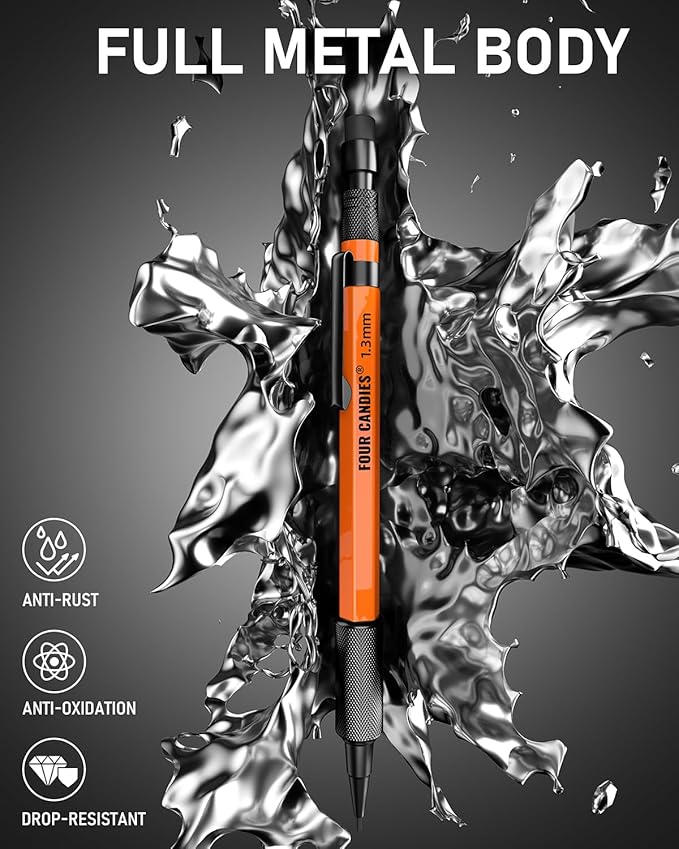 Four Candies 3PCS 1.3mm Mechanical Pencil Set with Case, Metal Heavy Duty Carpenter Pencils with 72 Refill(Red,Black,Yellow) 3Eraser, 16Eraser Refill, Weatherproof Body Outdoor Woodworking Marking