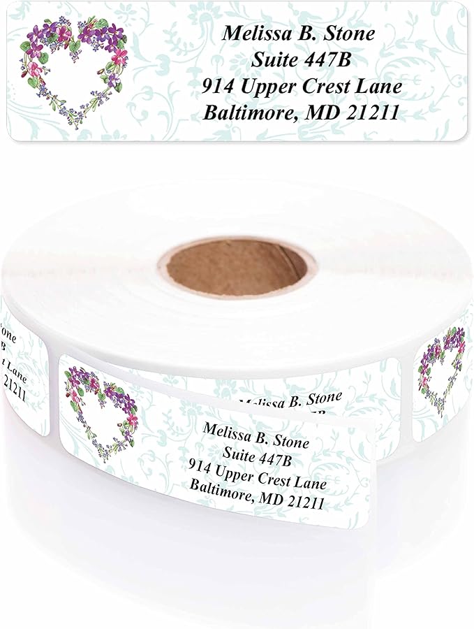 Floral Heart Wreath Rolled Address Labels with Elegant Plastic Dispenser