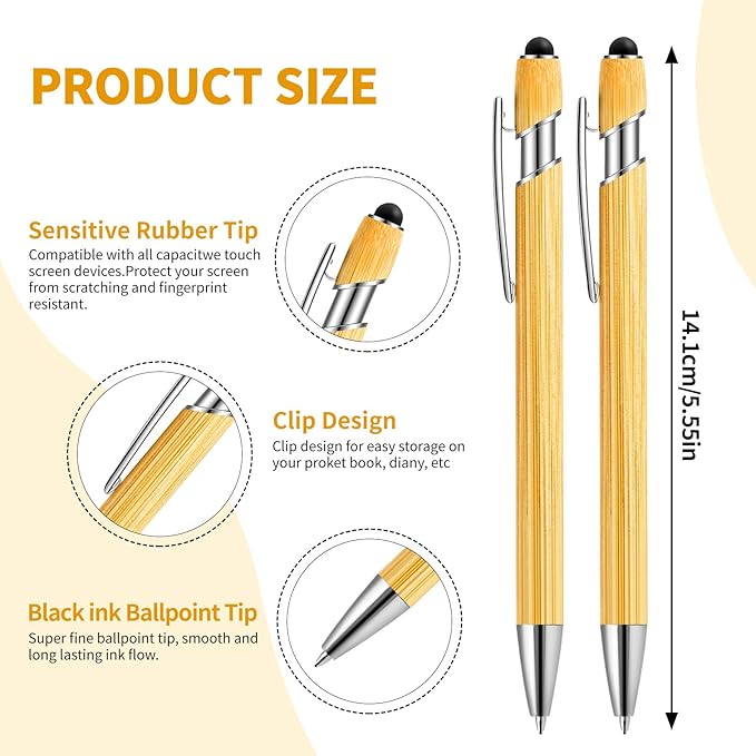 Bamboo Personalized Ballpoint Pens with Stylus - Customizable by Name, Ideal Gifts for Nurses, Women, Men & Teachers - Black Ink, 150 Pcs