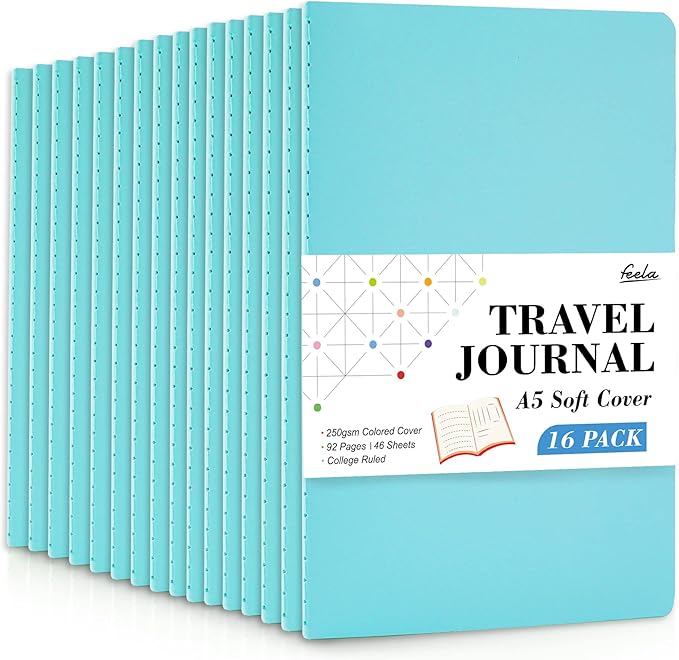 feela 16 Pack Soft Cover Journal Bulk, Lined Notebooks College Ruled for Work for Women Girl Writing, Blank Travel Journal Note Taking Notebook School Business Supplies, 8.2” x 5.5”, A5, Light Blue