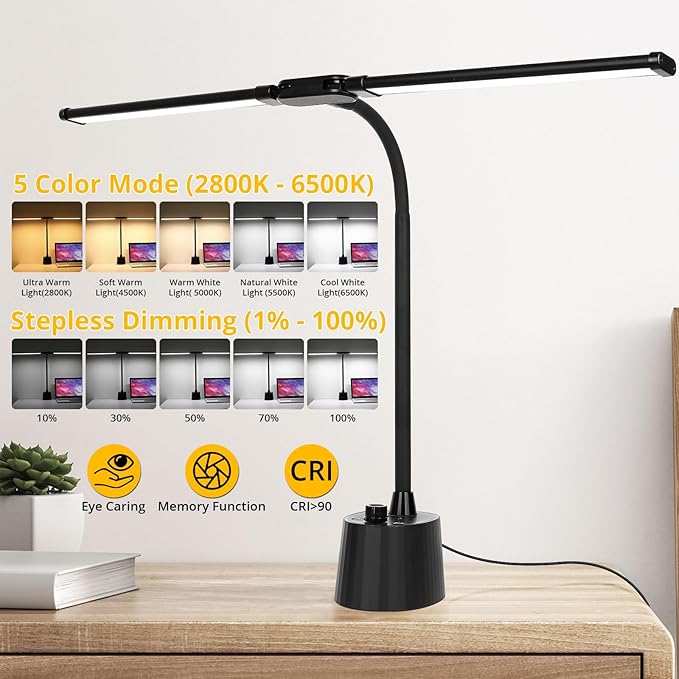 Desk Lamp with Dual Head & 10W Smart Dual USB Charging Port 5 Color Modes Dimmable Reading Light 2600 Lumens 12W Table Lamp for Bedside Office, Adapter Include