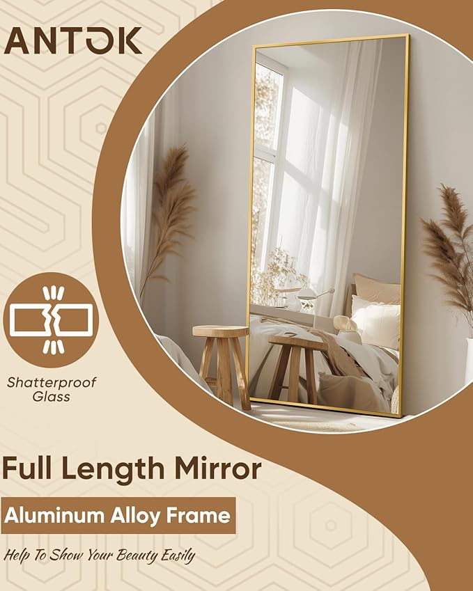 Antok Full Length Mirror, 58"x21" Floor Mirror, Floor Standing Freestanding Full Body Mirror with Stand for Bedroom, Hanging Mounted for Living Room Cloakroom, Gold