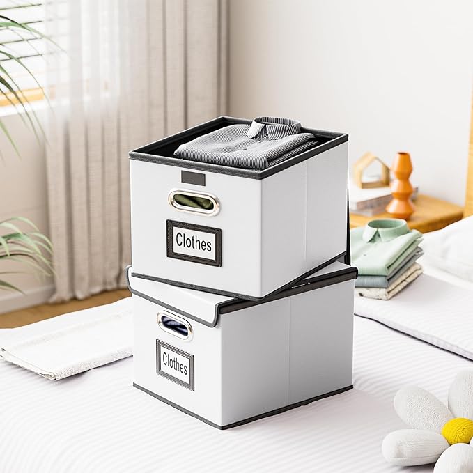 Huolewa File Organizer Box with Lid, Collapsible Faux Leather Hanging File Folder Box Organizer with Plastic Slides, Decorative Home/Office Filing System Boxes for File and Folders Storage