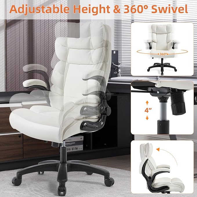 Big and Tall Office Chair 500lbs Wide Seat Executive Office Desk Chair High-Back Office Task Chair with Flip-Up Armrest, Ergonomic Lumbar Support Computer Office Chairs for Heavy People(White)