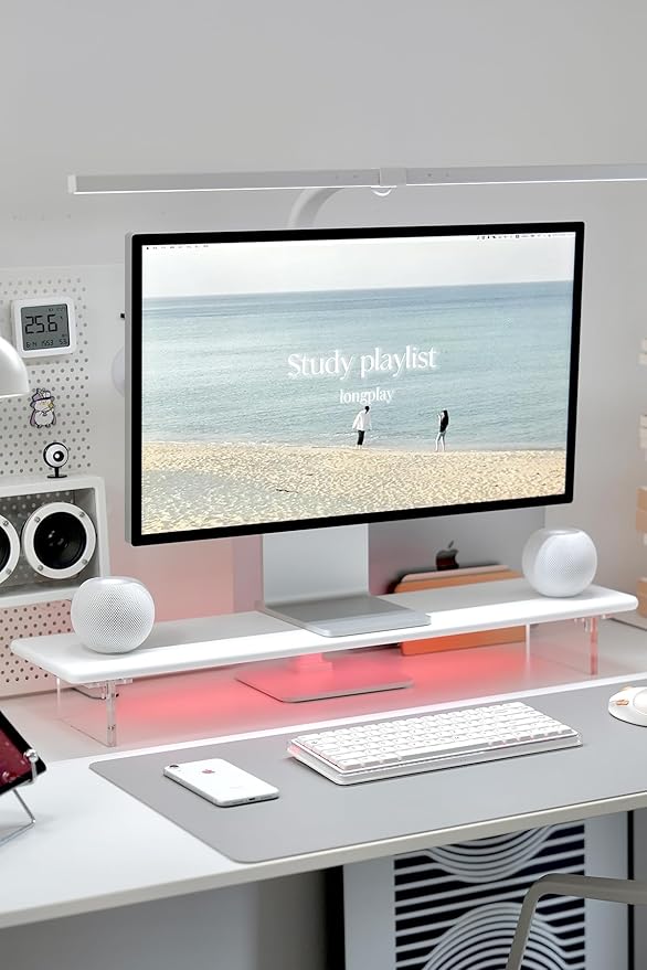 Bamboo Monitor Stand Riser with Acrylic Legs for Desk,31.5 Inches Desktop Shelf Supports for PC Computer Monitor, Laptops, Printer, Speakers (White)