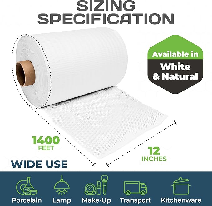 HexcelWrap Honeycomb Packing Paper - Eco-Friendly, Sustainable Paper Bubble Wrap for Shipping and Moving, Cushioned Packing Material. No Tape Needed - White, 12" x 1400'