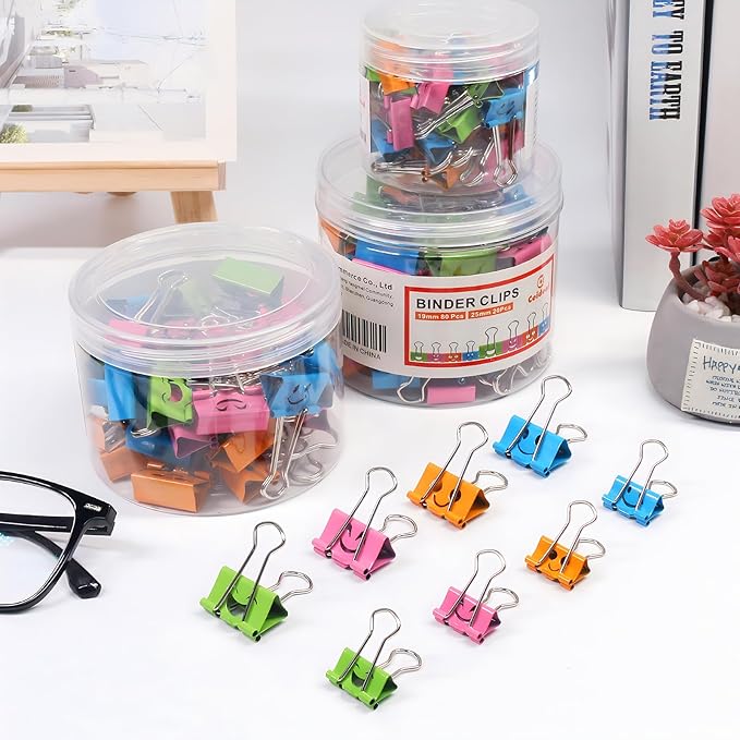 Coideal Smiley Binder Paper Clips - 100 Pcs Assorted Sizes and Colors, Metal Colored Fun Clip Clamps with Cute Smiling Face Design for Office (19mm & 25mm)
