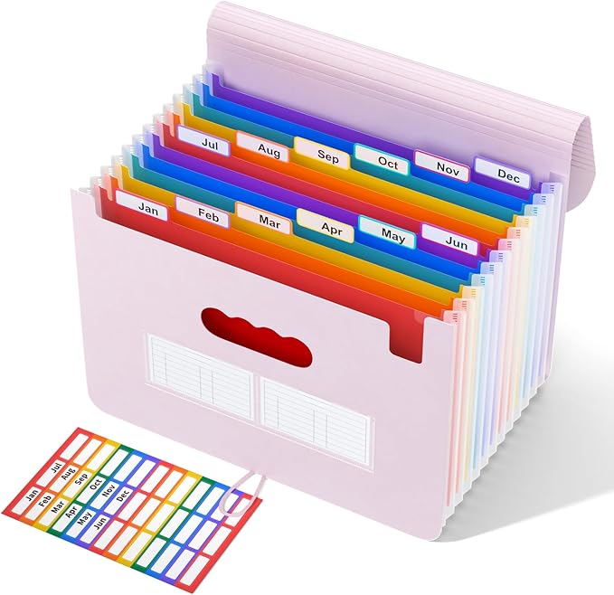 ABC life 12-Pocket Expandable Accordion File Organizer for Monthly Bills & Receipts - Portable A4/Letter Size Document Holder with Colored Tabs - Ideal for Home, Office & Travel folder- Pinkish Purple