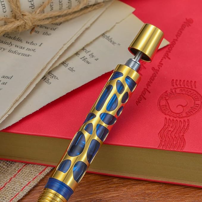 Asvine V169 Vacuum Filling Fountain Pen Fine Nib, Water Drop Skeleton Gold Trim Transparent Blue Acrylic Pen Case Set
