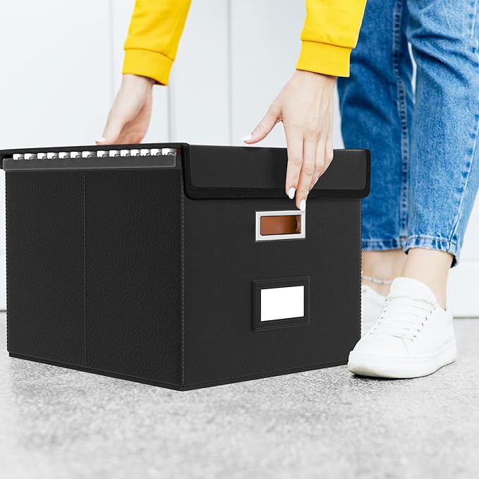 Huolewa Portable Leather File Organizer Boxes with Lids, Office Document Boxes Organizer, Filing Boxes, Decorative Small File Boxes for Hanging Files with Plastic Slide for Office/Decor/Home