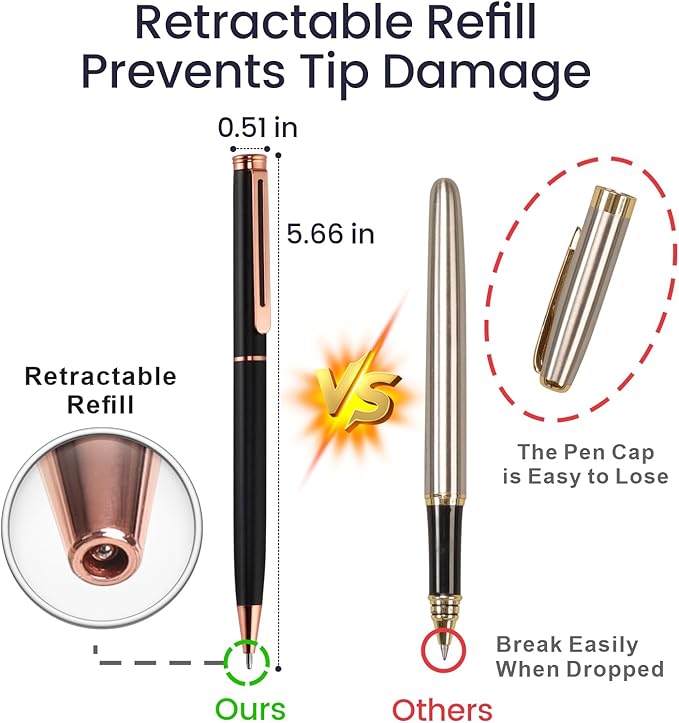 Cambond Ballpoint Pens Black Pen - Bulk Metal Pen Black Ink 1.0 mm Medium Point Rose Gold Pens for Men Women Police Uniform Office Business, 3 Pens with 6 Refills (Black)